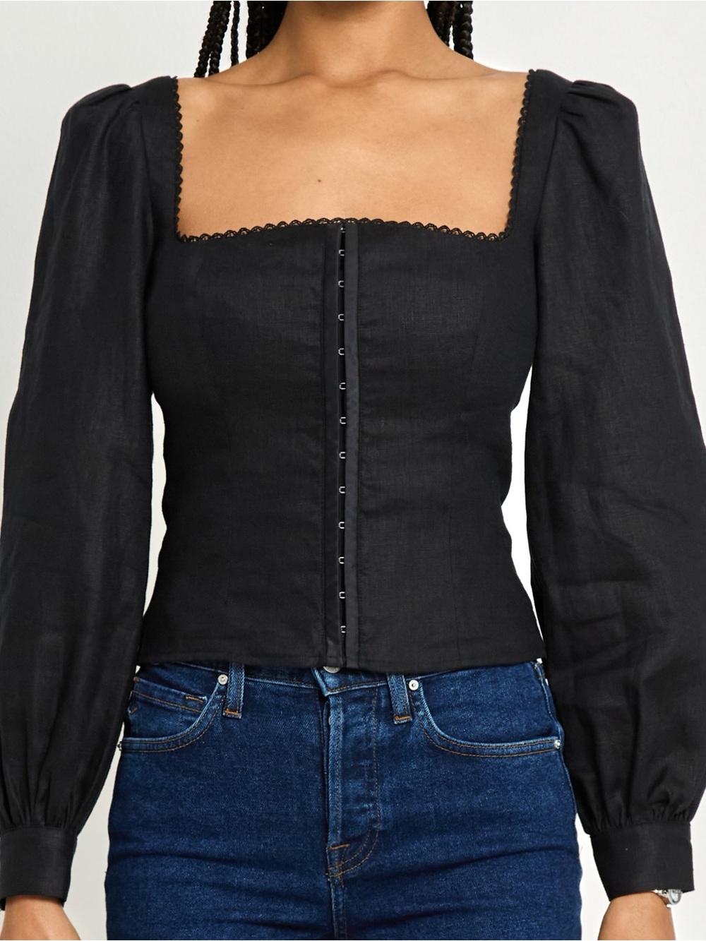 Few Moda Kourt Hetty Linen Corset Top Puff Sleeves Black NWT